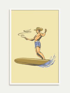 a man riding on top of a surfboard while wearing a cowboy hat and blue trunks