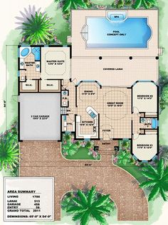 the floor plan for this house is very large and has an outdoor swimming pool on one side