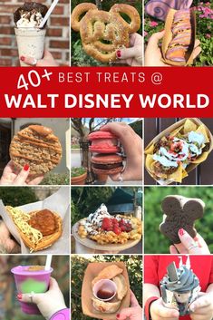 the best treats at walt world are in this collage with text that reads 40 best treats @ waltworld