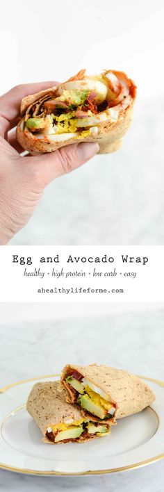 a hand holding a sandwich on top of a white plate with the words egg and avocado wrap