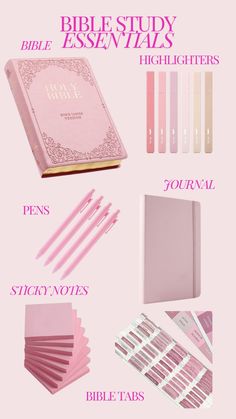 the bible study essentials are shown in pink and white, including pens, sticky notes,