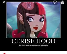 an anime character with long red hair and blue eyes, has the caption cerise hood