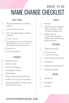 a pink and white checklist with the words, name change checklist