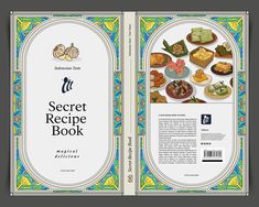 the secret recipe book is open to reveal an image of various foods and vegetables on it