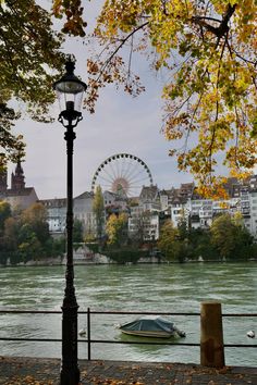 a lamp post sitting next to a river with a ferris wheel in the background