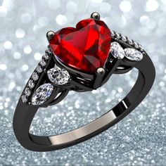 Sterling Silver Heart Shaped Red Crystal Ring Black And Red Promise Ring, Black And Red Engagement Ring, Halloween Wedding Rings, Ruby Engagement Ring Silver, Black And Red Rings, Gothic Wedding Ring, Red Engagement Ring, Red Crystal Ring, Couples Rings