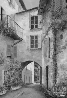 a black and white drawing of an alleyway in the old town with flowers growing on it