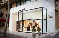 a chanel store with two planters in front of it