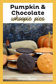 pumpkin and chocolate whoope pies are stacked on top of each other with the title overlay