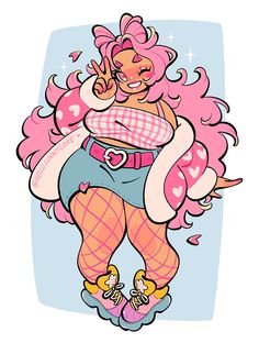 a drawing of a woman with pink hair and boots on her feet, holding a cell phone to her ear