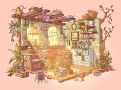 a drawing of a kitchen with lots of clutter