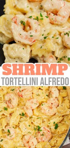 shrimp tortellini alfredo in a skillet with text overlay