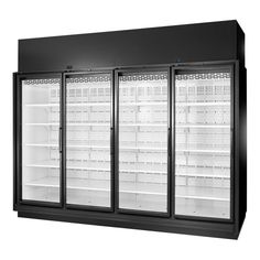 three glass door refrigerators with shelves and lights on each side, all black in color