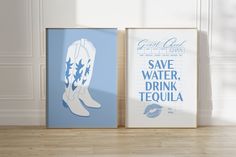 two framed posters with cowboy boots on them, one is blue and the other is white