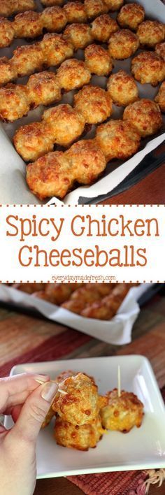 a person dipping cheese balls on top of some kind of food in a pan with the words spicy chicken cheeseballs above it