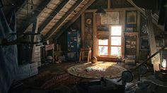 an attic with lots of clutter on the floor and a large window in it