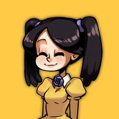 a cartoon girl with black hair wearing a yellow shirt and blue flower in her hair