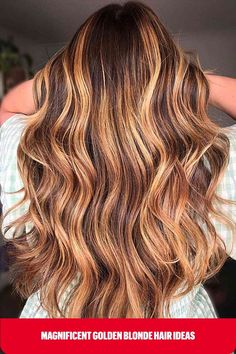 Golden Strawberry Blonde Chunky Highlights for Dark Brown Hair with Long Waves Warm Golden Blonde Hair, Highlights Curly, Strawberry Blonde Highlights, Highlights Curly Hair