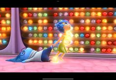 an animated character is standing in front of a colorful wall with lights and bubbles on it