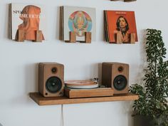 a record player sitting on top of a wooden shelf next to two books and a potted plant