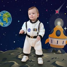 a little boy in an astronaut suit standing on the moon