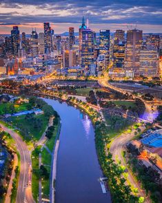 an aerial view of a city at night