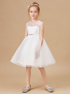 Round Neck Beading Short Tulle Flower Girl Dress Details: Silhouette: Ball Gown Fabric: Tulle Neckline: Round Neck Sleeve Length: Sleeveless Embellishment: Beading Back Details: Zipper Dress Length: Knee Length Available in full-size range (F2-F14) and in custom size Knee Length Tulle Skirt, Sleeveless Flower Girl Dresses, Hi Friend, Satin Flower Girl Dress, Perfect Dresses, Professional Dress, Ivory Flower Girl Dresses, White Flower Girl Dresses, Tulle Flower Girl