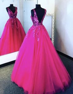 A line v neck tulle lace prom dress evening | moonlight | Formal evening dresses, Pink prom dresses, Evening dresses prom Floral Prom Dresses, Hot Pink Floral, Lace Prom Dress, Pageant Dress