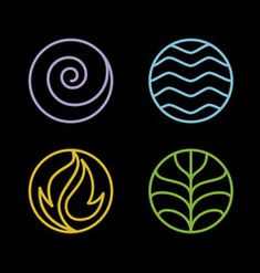 four different logos with leaves and swirls in the center on black background, including one for