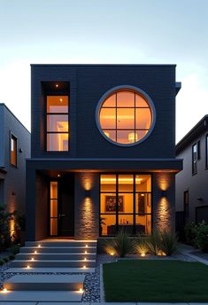 a modern house with large windows and steps leading up to the front door at night