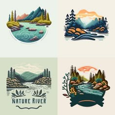 four different logos with mountains, trees and water in the middle one is for nature river