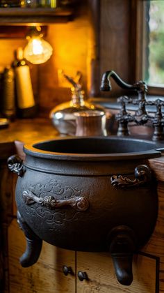 a large black pot sitting on top of a wooden counter next to a sink and faucet