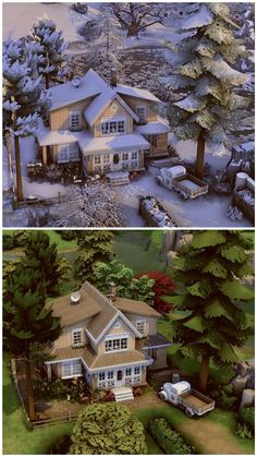 two different views of a house in the woods