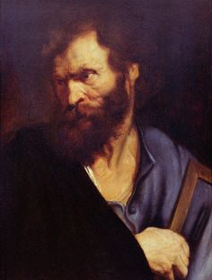 a painting of a man with a beard and wearing a blue shirt holding a book