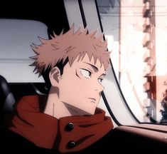 an anime character sitting in the passenger seat of a car with his head turned to the side