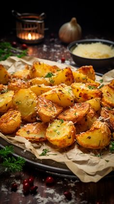 baked potatoes with herbs and garlic on a tray