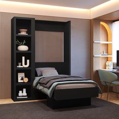 a bedroom with a bed, desk and shelves in it