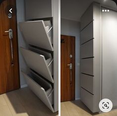 two pictures side by side showing the inside of a closet and outside of a door