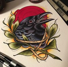 a drawing of a black bird sitting on top of a leafy branch with a red sun in the background