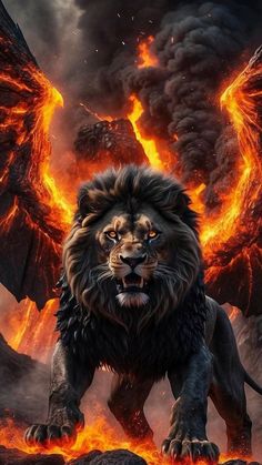 a lion standing in front of a fire with wings on it's back legs