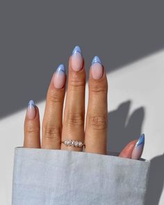 Stunning Blue Spring Nail Ideas 2025: French Tips, Ombre, Glitter & Floral Designs Puerto Rico Nails, Nail Ideas For Vacation, Almond Nail Design Ideas, Nail Ideas For School, Blue Wedding Nails, Nail Art Bleu, Blue Prom Nails, Grad Nails, Blue Chrome Nails