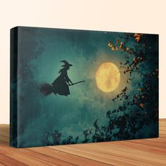 a painting of a witch on a broom flying in front of the moon