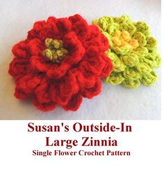 two crocheted flowers with the words susan's outside - in large zinna