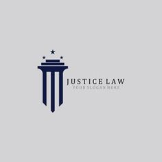 the justice law logo is shown in blue and white, with stars on top of it