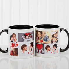 two black and white coffee mugs with different photos on them, one has a heart