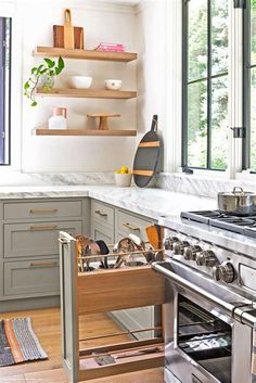 the kitchen is clean and ready to be used as a cook's countertop