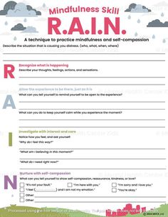 RAIN DBT Skill Worksheet – Mental Health Center Kids Dialectical Therapy Activities, Seeking Safety Worksheets, Tipps Dbt, Talk Therapy Activities, Dbt Emotional Regulation Worksheet, Dbt Chain Analysis Worksheet, Group Therapy Activities With Kids, Strengths Based Therapy Activities, Wise Mind Dbt Worksheet