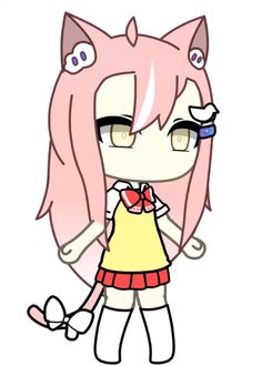 a drawing of a girl with pink hair and glasses holding a cat's tail