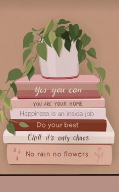 there is a stack of books that has plants on it and the words, you are your home happiness is an inside job