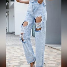 Light Blue Ripped Jeans Never Worn, Still In The Bag. Small Waist, Straight Legged (Mom Jean Vibe). Make Me An Offer! Super Ripped Pants, Light Blue Ripped Jeans, Blue Ripped Jeans, Jean Pants, Loose Fit Jeans, Distressed Denim Jeans, Straight Leg Denim, Women Denim Jeans, Wide Legs